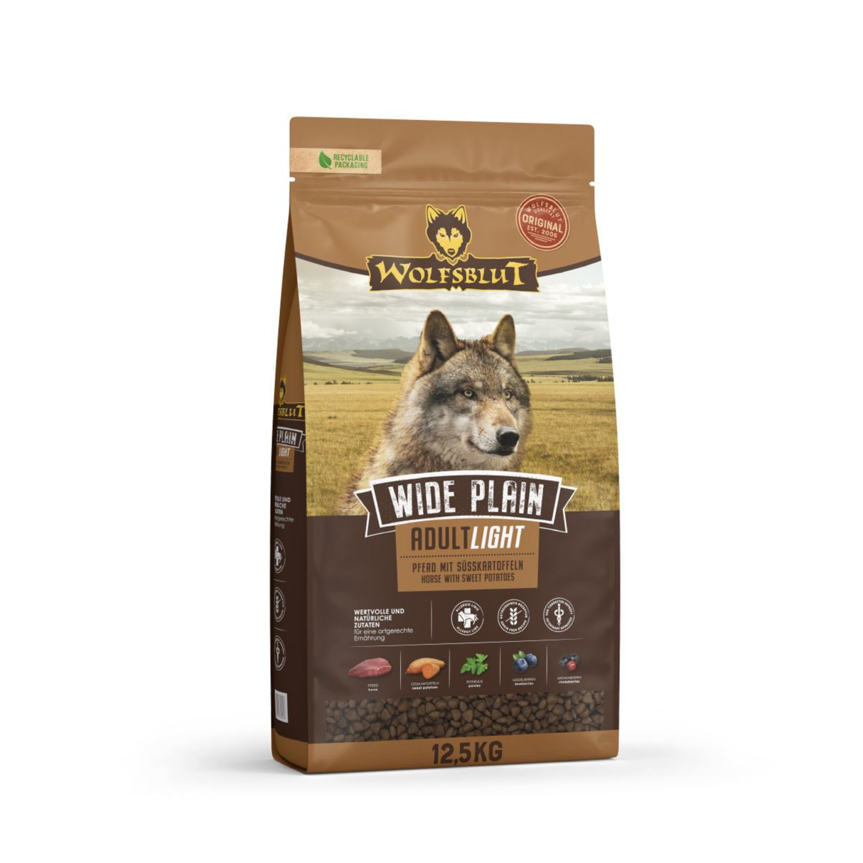 WOLFSBLUT Wide Plain Horse Adult Light – kornfrit lightfoder med hest til voksne hunde