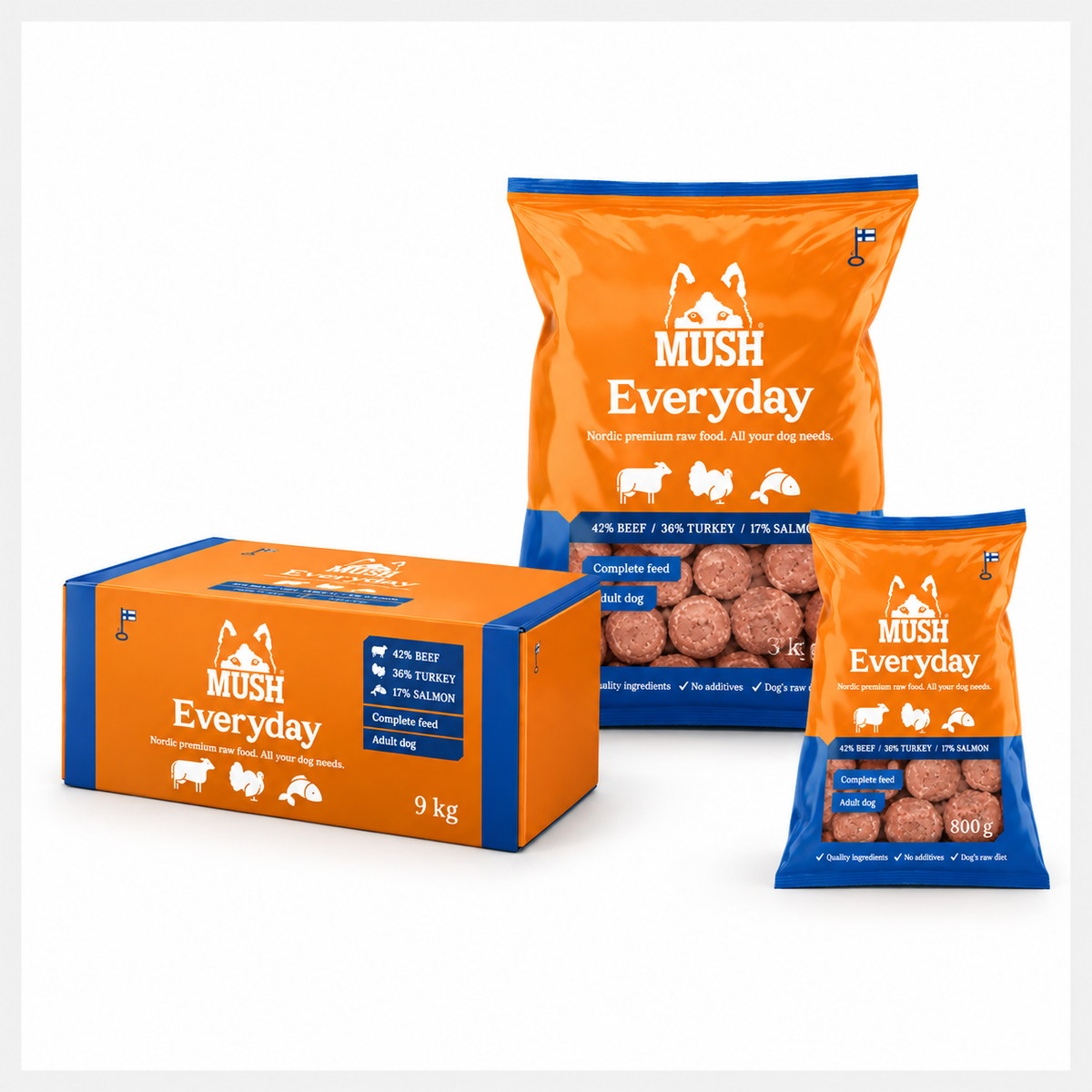 MUSH Everyday Blue – BARF fuldfoder med okse, kalkun og laks | 800 g, 3 kg og 9 kg