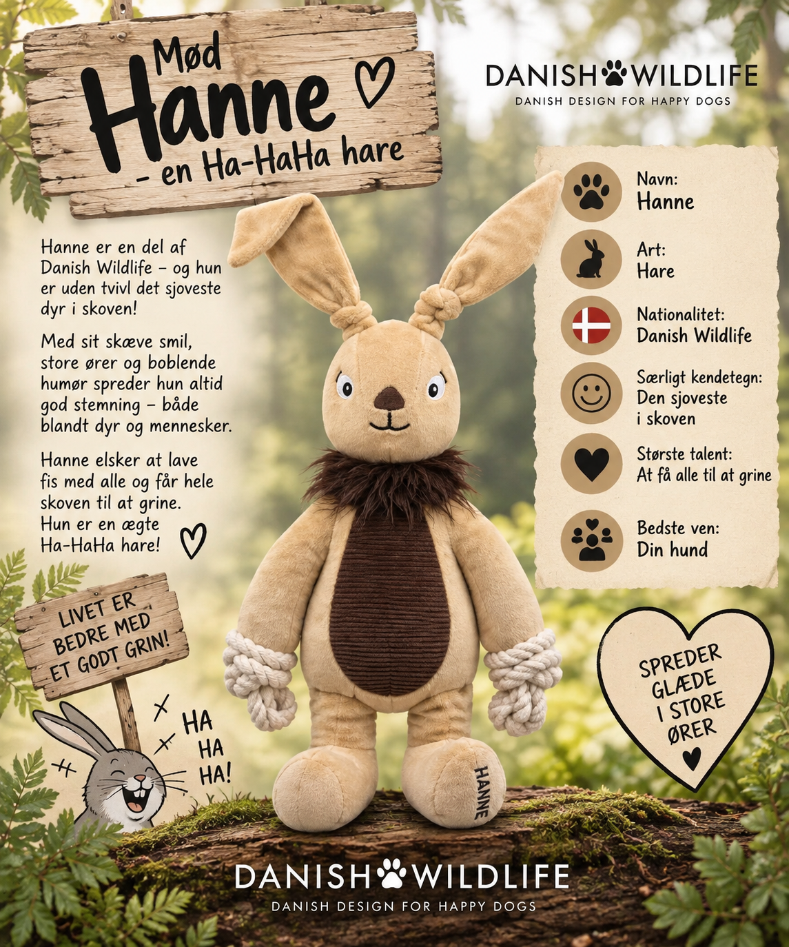 Danish Wildlife Hare Hanne – hundebamse med knitreører og elastiske ben